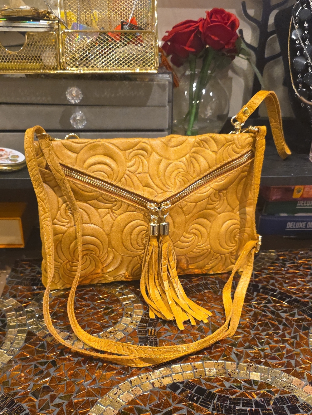 Mustard Suede Tassel Crossbody Bag with Floral Embossing